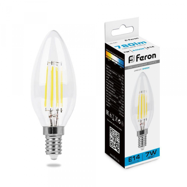 Лампа светодиодная филаментная Feron E14 7W 6400K прозрачная LB-66 38227