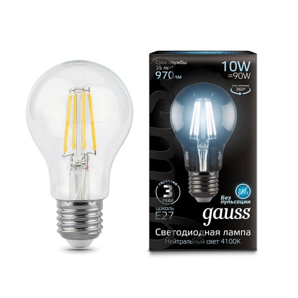 Лампа светодиодная филаментная Gauss E27 10W 4100К прозрачная 102802210 Лампа светодиодная филаментная Gauss E27 10W 4100К прозрачная 102802210
