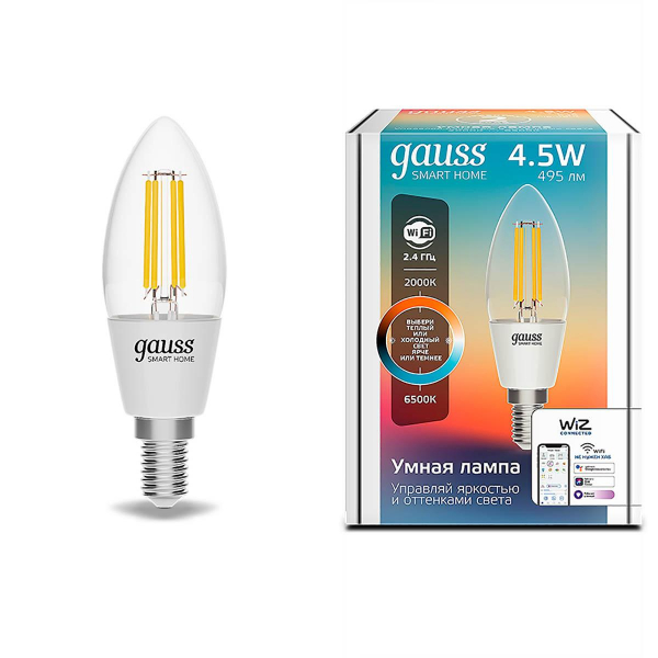 Лампа светодиодная диммируемая филаментная Gauss Smart Home Filament E14 4,5W 2000-6500K прозрачная 1250112 Лампа светодиодная диммируемая филаментная Gauss Smart Home Filament E14 4,5W 2000-6500K прозрачная 1250112