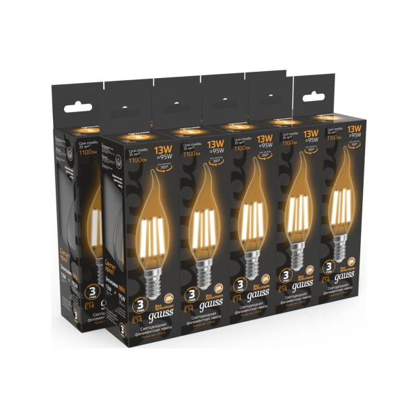 Лампа светодиодная филаментная Gauss E14 13W 2700K прозрачная 104801113