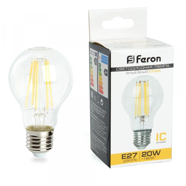 Лампа светодиодная филаментная Feron E27 20W 2700K прозрачная LB-620 38245 Лампа светодиодная филаментная Feron E27 20W 2700K прозрачная LB-620 38245