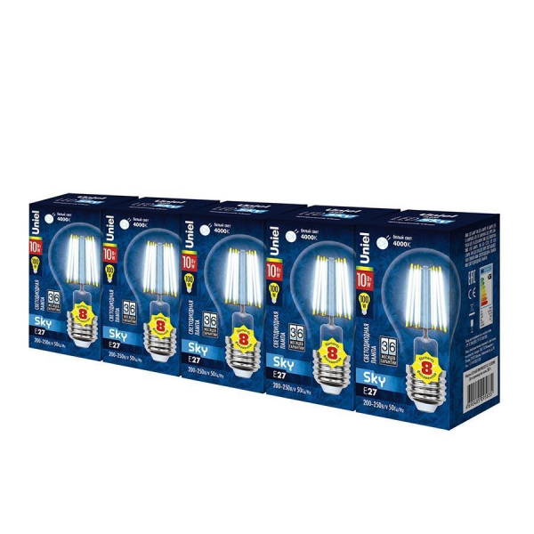 Набор светодиодных ламп филаментная Uniel E27 10W 4000K прозрачная LED-A60-10W/NW/E27/CL PLS02WH UL-00008082 Набор светодиодных ламп филаментная Uniel E27 10W 4000K прозрачная LED-A60-10W/NW/E27/CL PLS02WH UL-00008082