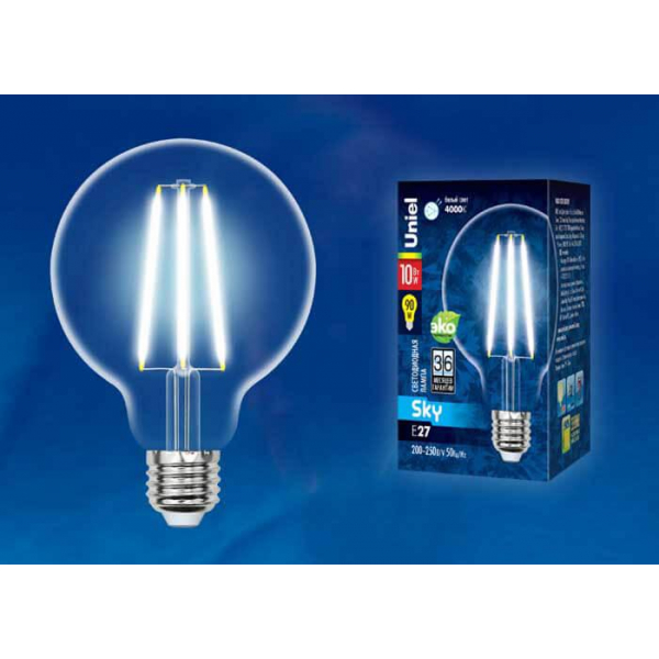 Лампа светодиодная филаментная Uniel E27 10W 4000K прозрачная LED-G95-10W/4000K/E27/CL PLS02WH UL-00004863 Лампа светодиодная филаментная Uniel E27 10W 4000K прозрачная LED-G95-10W/4000K/E27/CL PLS02WH UL-00004863