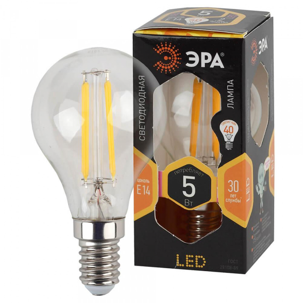 Лампа светодиодная филаментная ЭРА E14 5W 2700K прозрачная F-LED P45-5W-827-E14 Б0043437 Лампа светодиодная филаментная ЭРА E14 5W 2700K прозрачная F-LED P45-5W-827-E14 Б0043437