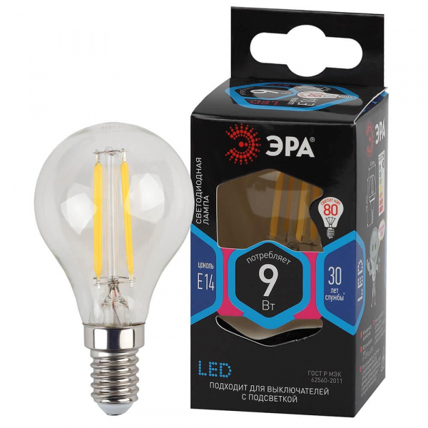 Лампа светодиодная филаментная ЭРА E14 9W 4000K прозрачная F-LED P45-9w-840-E14 Б0047026 Лампа светодиодная филаментная ЭРА E14 9W 4000K прозрачная F-LED P45-9w-840-E14 Б0047026