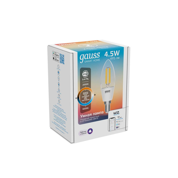 Лампа светодиодная диммируемая филаментная Gauss Smart Home Filament E14 4,5W 2000-6500K прозрачная 1250112 Лампа светодиодная диммируемая филаментная Gauss Smart Home Filament E14 4,5W 2000-6500K прозрачная 1250112