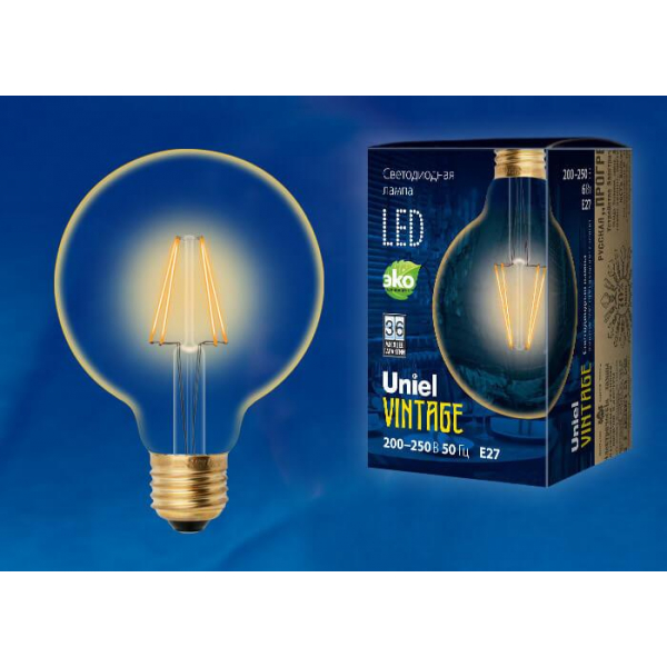Лампа светодиодная филаментная Uniel E27 6W 2250K прозрачная LED-G95-6W/GOLDEN/E27 GLV21GO UL-00002359 Лампа светодиодная филаментная Uniel E27 6W 2250K прозрачная LED-G95-6W/GOLDEN/E27 GLV21GO UL-00002359