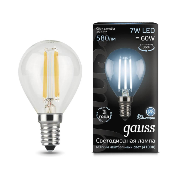 Лампа светодиодная филаментная Gauss E14 7W 4100К прозрачная 105801207 Лампа светодиодная филаментная Gauss E14 7W 4100К прозрачная 105801207