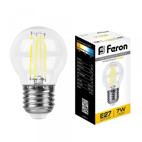 Лампа светодиодная филаментная Feron E27 7W 2700K Шар Прозрачная LB-52 25876 Лампа светодиодная филаментная Feron E27 7W 2700K Шар Прозрачная LB-52 25876