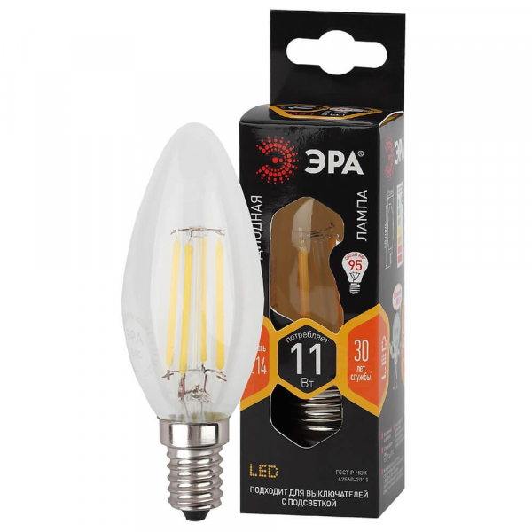 Лампа светодиодная филаментная ЭРА E14 11W 2700K прозрачная F-LED B35-11w-827-E14 Б0046985 Лампа светодиодная филаментная ЭРА E14 11W 2700K прозрачная F-LED B35-11w-827-E14 Б0046985