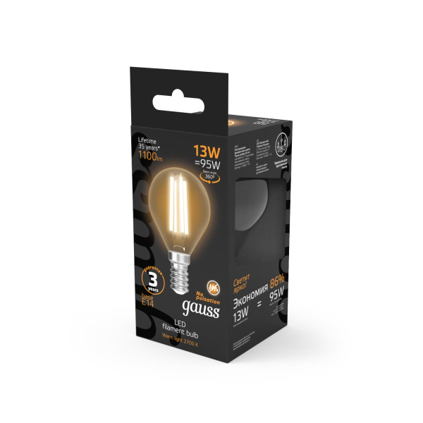 Лампа светодиодная филаментная Gauss E14 13W 2700K прозрачная 105801113