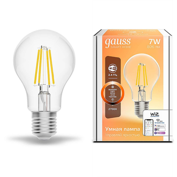 Лампа светодиодная диммируемая филаментная Gauss Smart Home Filament E27 7W 2700K прозрачная 1200112 Лампа светодиодная диммируемая филаментная Gauss Smart Home Filament E27 7W 2700K прозрачная 1200112