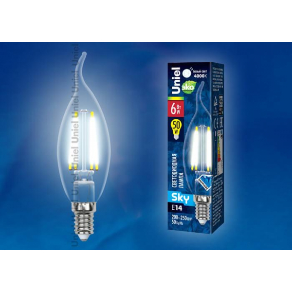 Лампа светодиодная филаментная Uniel E14 6W 4000K прозрачная LED-CW35-6W/NW/E14/CL PLS02WH UL-00001374 Лампа светодиодная филаментная Uniel E14 6W 4000K прозрачная LED-CW35-6W/NW/E14/CL PLS02WH UL-00001374