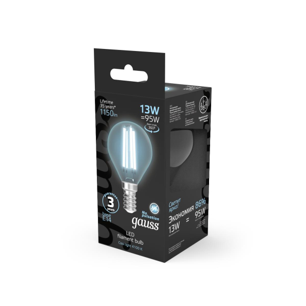 Лампа светодиодная филаментная Gauss E14 13W 4100K прозрачная 105801213