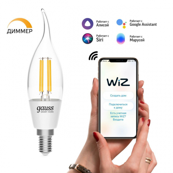 Лампа светодиодная диммируемая филаментная Gauss Smart Home Filament E14 4,5W 2700K прозрачная 1260112 Лампа светодиодная диммируемая филаментная Gauss Smart Home Filament E14 4,5W 2700K прозрачная 1260112