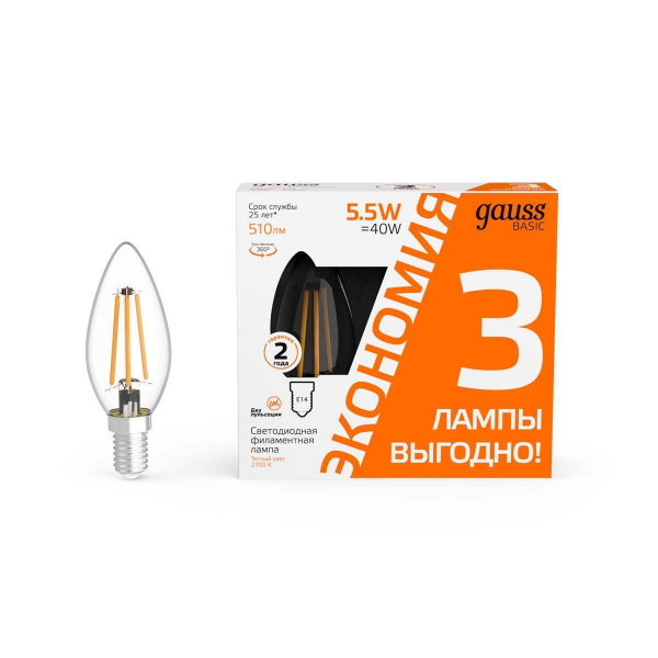 Лампа cветодиодная Gauss E14 5,5W 2700K прозрачная 3 шт. 1031116T Лампа cветодиодная Gauss E14 5,5W 2700K прозрачная 3 шт. 1031116T