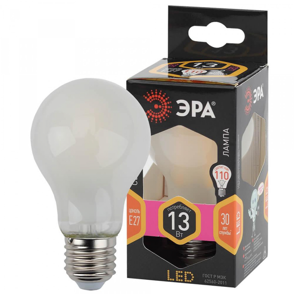Лампа светодиодная филаментная ЭРА E27 13W 2700K матовая F-LED A60-13W-827-E27 frost Б0044090 Лампа светодиодная филаментная ЭРА E27 13W 2700K матовая F-LED A60-13W-827-E27 frost Б0044090