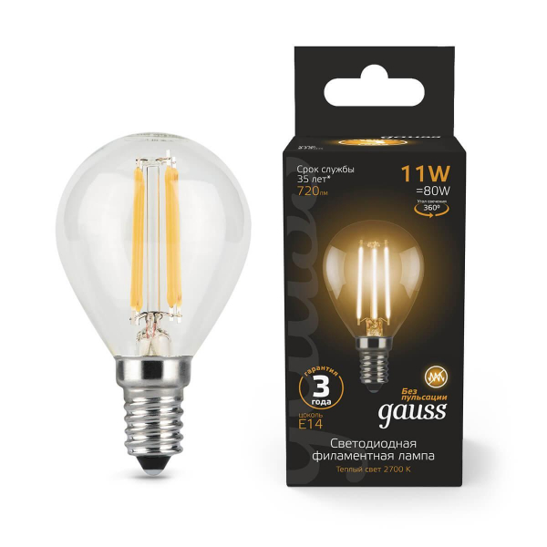 Лампа светодиодная филаментная Gauss E14 11W 2700К прозрачная 105801111 Лампа светодиодная филаментная Gauss E14 11W 2700К прозрачная 105801111
