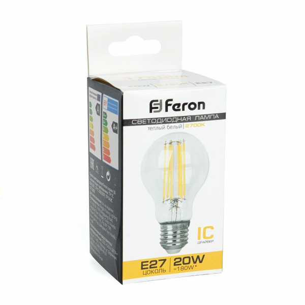 Лампа светодиодная филаментная Feron E27 20W 2700K прозрачная LB-620 38245 Лампа светодиодная филаментная Feron E27 20W 2700K прозрачная LB-620 38245