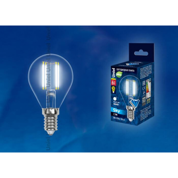 Лампа светодиодная филаментная Uniel E14 6W 4000K прозрачная LED-G45-6W/NW/E14/CL PLS02WH UL-00001371 Лампа светодиодная филаментная Uniel E14 6W 4000K прозрачная LED-G45-6W/NW/E14/CL PLS02WH UL-00001371