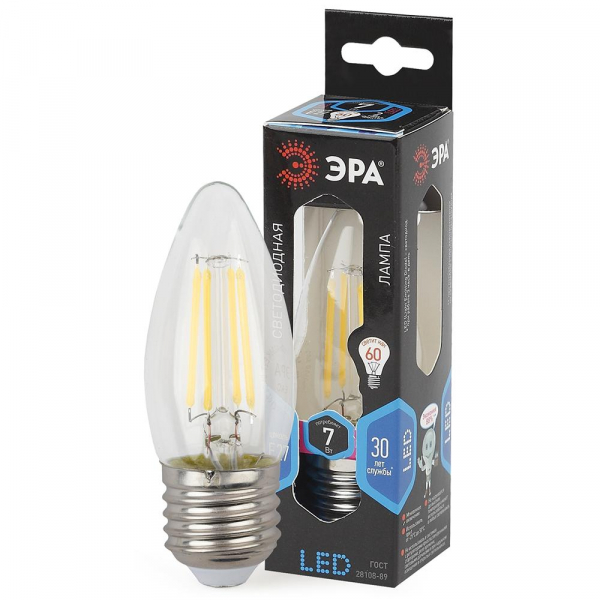 Лампа светодиодная филаментная ЭРА E27 7W 4000K прозрачная F-LED B35-7W-840-E27 Б0027951 Лампа светодиодная филаментная ЭРА E27 7W 4000K прозрачная F-LED B35-7W-840-E27 Б0027951