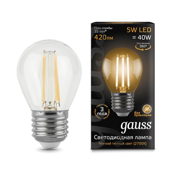 Лампа светодиодная филаментная Gauss E27 5W 2700K прозрачная 105802105 Лампа светодиодная филаментная Gauss E27 5W 2700K прозрачная 105802105