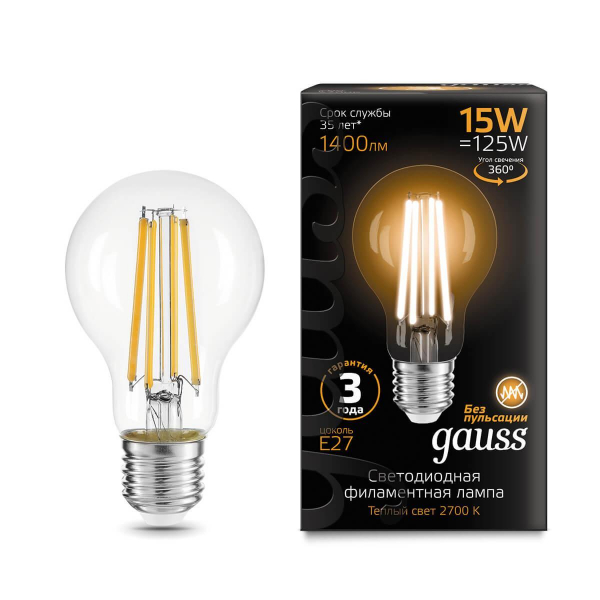 Лампа светодиодная филаментная Gauss E27 15W 2700K прозрачная 102902115 Лампа светодиодная филаментная Gauss E27 15W 2700K прозрачная 102902115