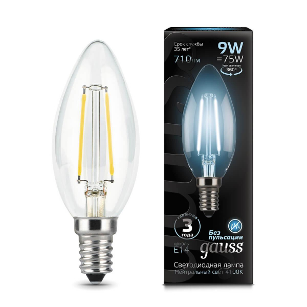 Лампа светодиодная филаментная Gauss E14 9W 4100К прозрачная 103801209 Лампа светодиодная филаментная Gauss E14 9W 4100К прозрачная 103801209