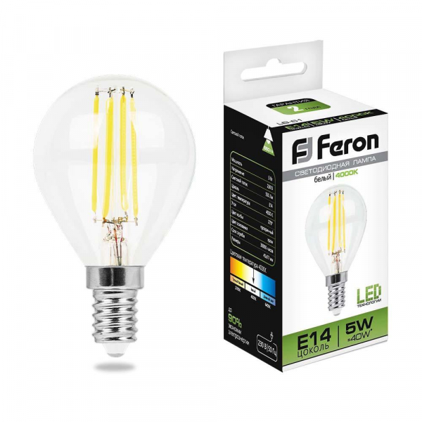 Лампа светодиодная филаментная Feron E14 5W 4000K прозрачная LB-61 25579 Лампа светодиодная филаментная Feron E14 5W 4000K прозрачная LB-61 25579