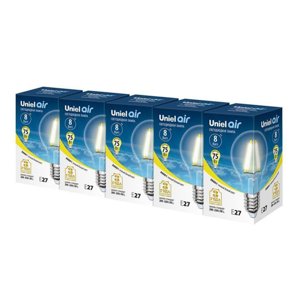 Набор светодиодных ламп филаментная Uniel E27 8W 3000K прозрачная LED-A60-8W/WW/E27/CL GLA01TR UL-00008080 Набор светодиодных ламп филаментная Uniel E27 8W 3000K прозрачная LED-A60-8W/WW/E27/CL GLA01TR UL-00008080