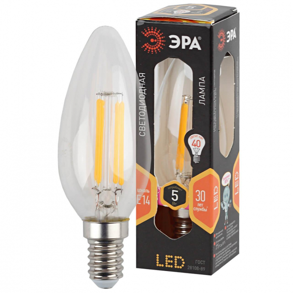 Лампа светодиодная филаментная ЭРА E14 5W 2700K прозрачная F-LED B35-5W-827-E14 Б0043435 Лампа светодиодная филаментная ЭРА E14 5W 2700K прозрачная F-LED B35-5W-827-E14 Б0043435