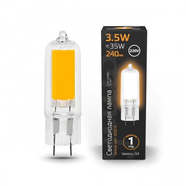 Лампа светодиодная Gauss G4 3.5W 3000K прозрачная 107807103 Лампа светодиодная Gauss G4 3.5W 3000K прозрачная 107807103