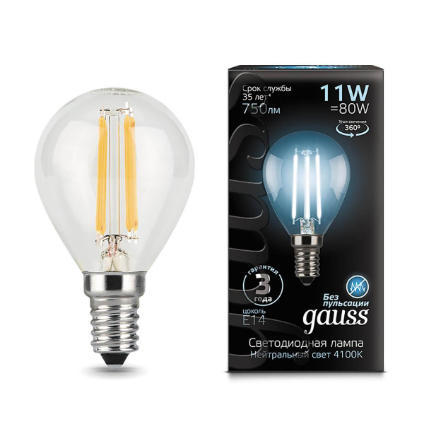 Лампа светодиодная филаментная Gauss E14 11W 4100К прозрачная 105801211 Лампа светодиодная филаментная Gauss E14 11W 4100К прозрачная 105801211
