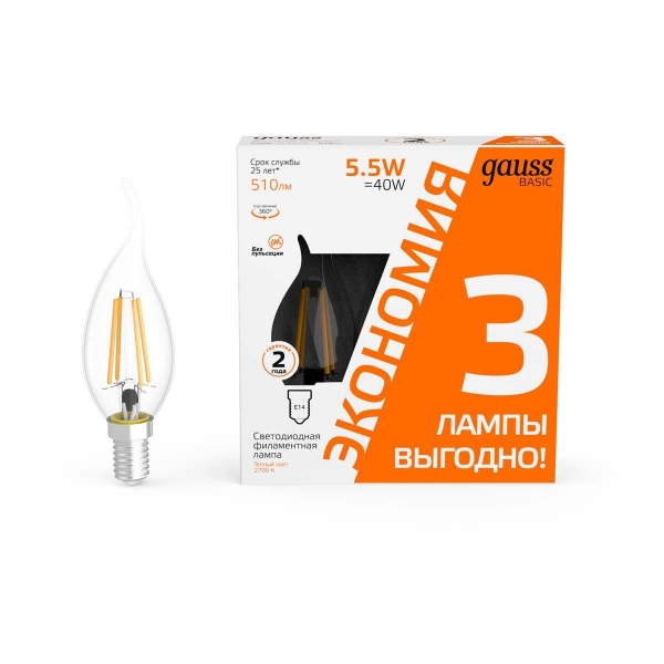 Лампа cветодиодная Gauss E14 5,5W 2700K прозрачная 3 шт. 1041116T Лампа cветодиодная Gauss E14 5,5W 2700K прозрачная 3 шт. 1041116T
