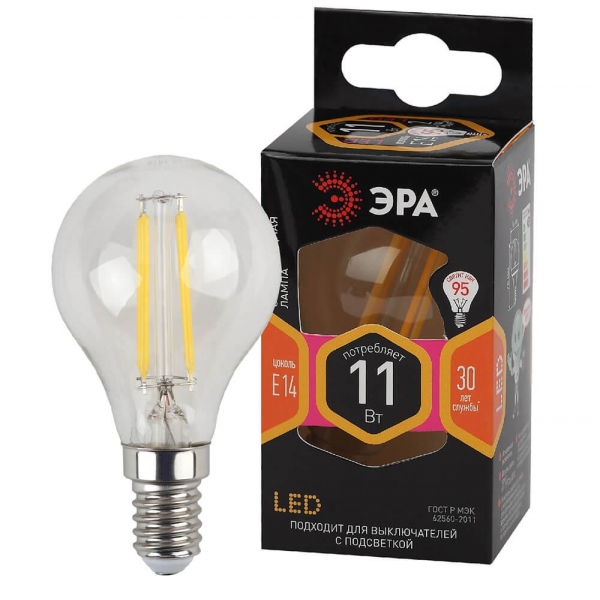 Лампа светодиодная филаментная ЭРА E14 11W 2700K прозрачная F-LED P45-11w-827-E14 Б0047012 Лампа светодиодная филаментная ЭРА E14 11W 2700K прозрачная F-LED P45-11w-827-E14 Б0047012