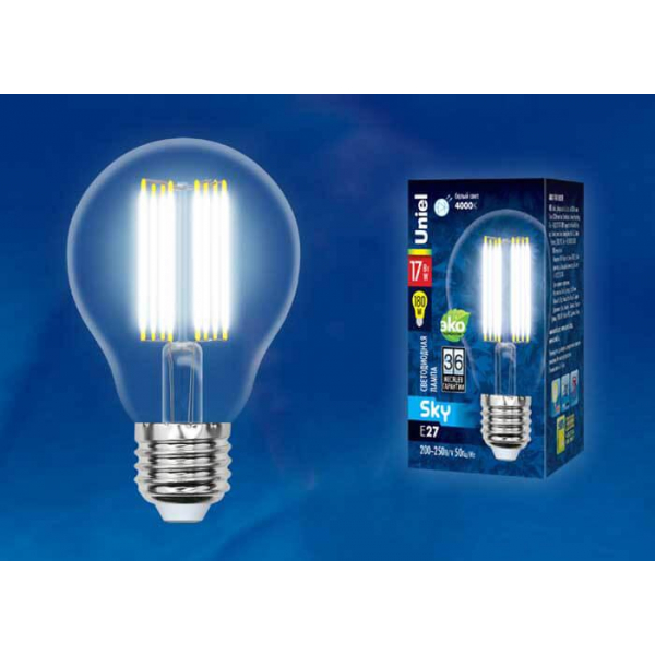 Лампа светодиодная филаментная Uniel E27 17W 4000K прозрачная LED-A70-17W/4000K/E27/CL PLS02WH UL-00004871 Лампа светодиодная филаментная Uniel E27 17W 4000K прозрачная LED-A70-17W/4000K/E27/CL PLS02WH UL-00004871