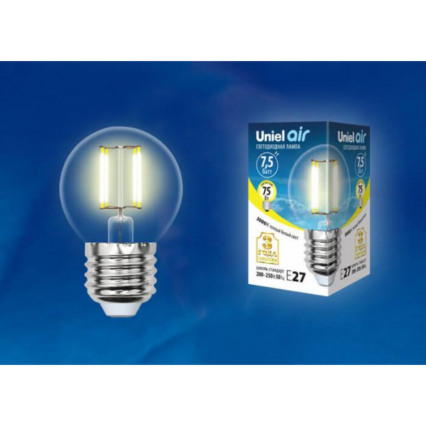Лампа светодиодная филаментная Uniel E27 7,5W 3000K прозрачная LED-G45-7,5W/WW/E27/CL GLA01TR UL-00003252 Лампа светодиодная филаментная Uniel E27 7,5W 3000K прозрачная LED-G45-7,5W/WW/E27/CL GLA01TR UL-00003252