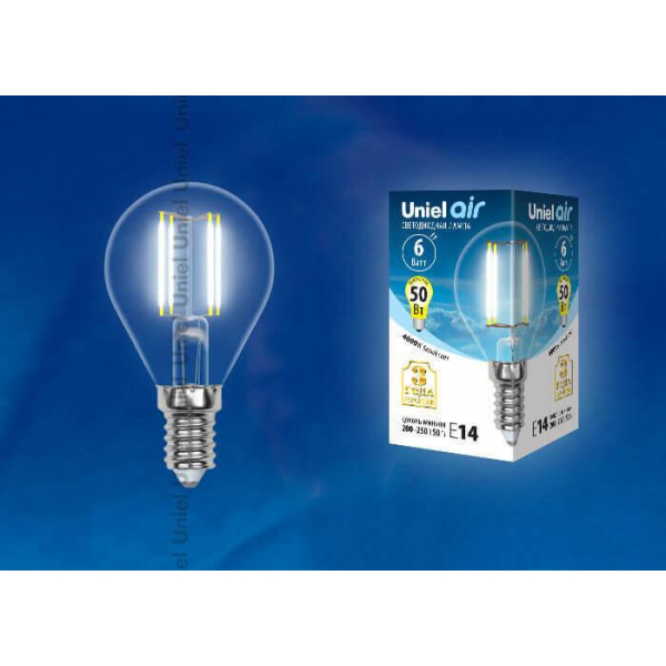 Лампа светодиодная филаментная Uniel E14 6W 4000K прозрачная LED-G45-6W/NW/E14/CL GLA01TR UL-00002207 Лампа светодиодная филаментная Uniel E14 6W 4000K прозрачная LED-G45-6W/NW/E14/CL GLA01TR UL-00002207