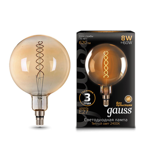 Лампа светодиодная филаментная Gauss E27 8W 2400K золотая 154802008 Лампа светодиодная филаментная Gauss E27 8W 2400K золотая 154802008
