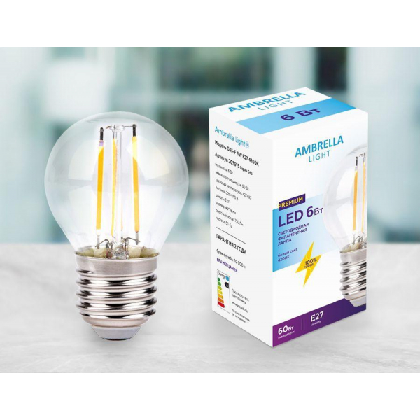 Лампа светодиодная филаментная Ambrella light E27 6W 4200K прозрачная 203915 Лампа светодиодная филаментная Ambrella light E27 6W 4200K прозрачная 203915