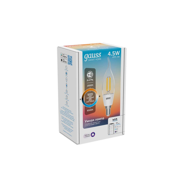 Лампа светодиодная диммируемая филаментная Gauss Smart Home Filament E14 4,5W 2000-6500K прозрачная 1280112 Лампа светодиодная диммируемая филаментная Gauss Smart Home Filament E14 4,5W 2000-6500K прозрачная 1280112