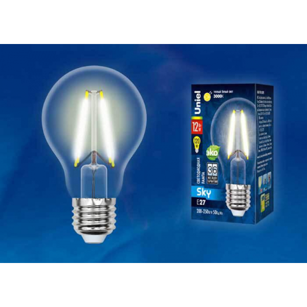 Лампа светодиодная филаментная Uniel E27 12W 3000K прозрачная LED-A60-12W/3000K/E27/CL PLS02WH UL-00004866 Лампа светодиодная филаментная Uniel E27 12W 3000K прозрачная LED-A60-12W/3000K/E27/CL PLS02WH UL-00004866