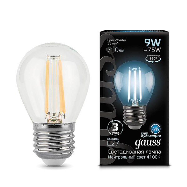 Лампа светодиодная филаментная Gauss E27 9W 4100К прозрачная 105802209 Лампа светодиодная филаментная Gauss E27 9W 4100К прозрачная 105802209