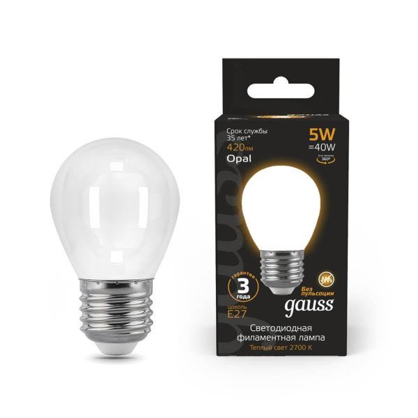 Лампа светодиодная филаментная Gauss E27 5W 2700К матовая 105202105 Лампа светодиодная филаментная Gauss E27 5W 2700К матовая 105202105