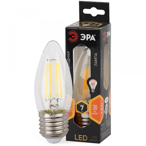 Лампа светодиодная филаментная ЭРА E27 7W 2700K прозрачная F-LED B35-7W-827-E27 Б0027950 Лампа светодиодная филаментная ЭРА E27 7W 2700K прозрачная F-LED B35-7W-827-E27 Б0027950