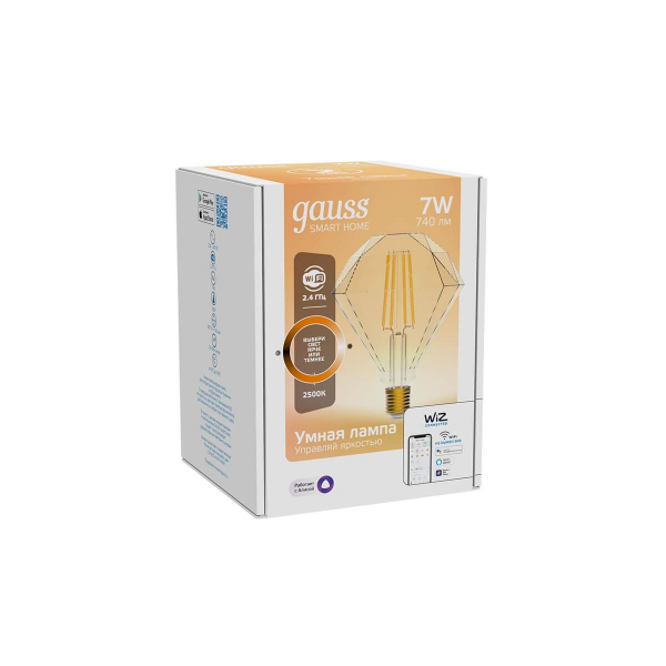 Лампа светодиодная диммируемая филаментная Gauss Smart Home Filament Diamond E27 7W 2500K золотистая 1350112 Лампа светодиодная диммируемая филаментная Gauss Smart Home Filament Diamond E27 7W 2500K золотистая 1350112