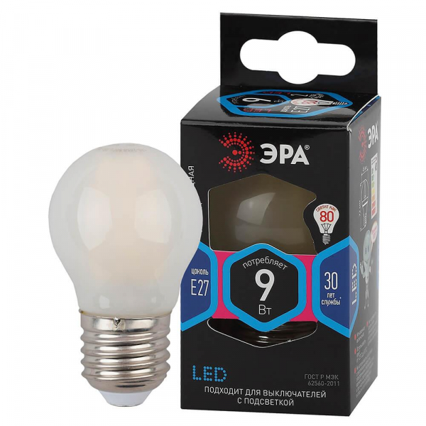 Лампа светодиодная филаментная ЭРА E27 9W 4000K матовая F-LED P45-9w-840-E27 frost Б0047030 Лампа светодиодная филаментная ЭРА E27 9W 4000K матовая F-LED P45-9w-840-E27 frost Б0047030