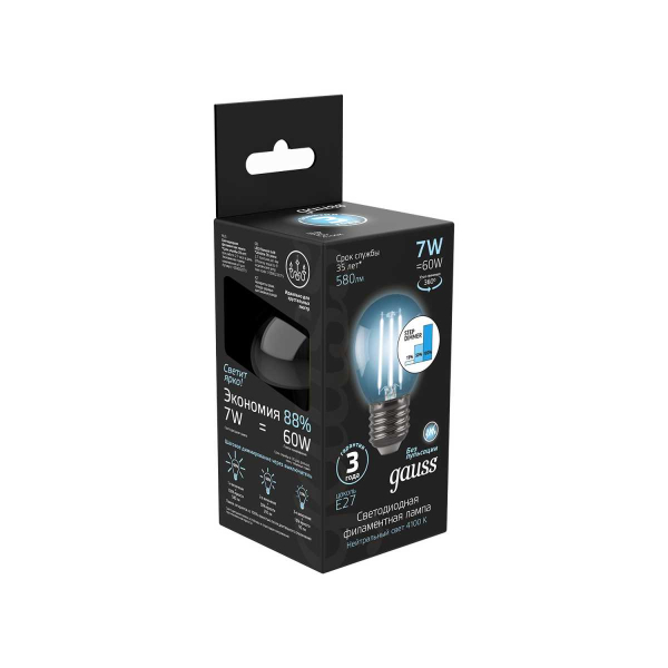 Лампа светодиодная филаментная Gauss E27 7W 4100К прозрачная 105802207