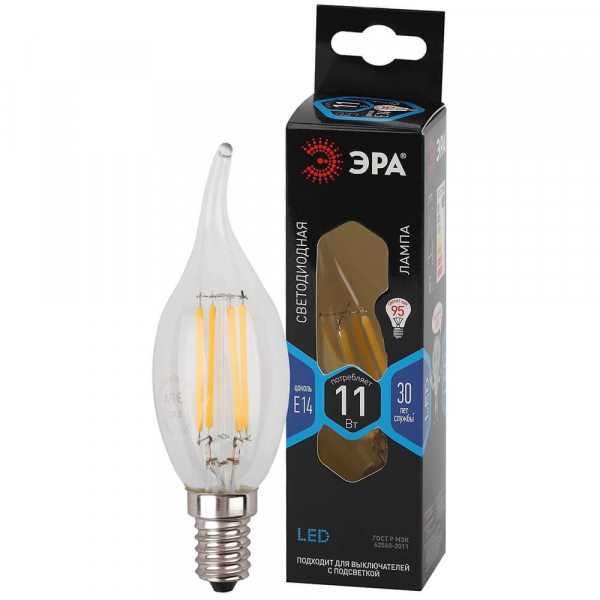 Лампа светодиодная филаментная ЭРА E14 11W 4000K прозрачная F-LED BXS-11W-840-E14 Б0047002