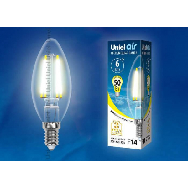 Лампа светодиодная филаментная Uniel E14 6W 3000K прозрачная LED-C35-6W/WW/E14/CL GLA01TR UL-00002196 Лампа светодиодная филаментная Uniel E14 6W 3000K прозрачная LED-C35-6W/WW/E14/CL GLA01TR UL-00002196